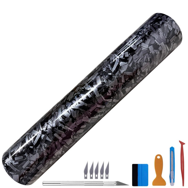 LZLRUN Forged Gloss Carbon Fiber Vinyl Wrap Roll Air Release Sticker Sheet Film DIY Decal Car Auto Vehicle Morotcycle Self Adhesive 3ft x 10ft Gloss Silver